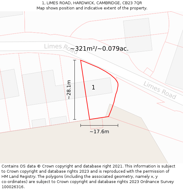 1, LIMES ROAD, HARDWICK, CAMBRIDGE, CB23 7QR: Plot and title map
