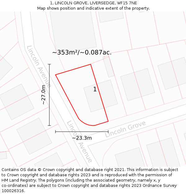 1, LINCOLN GROVE, LIVERSEDGE, WF15 7NE: Plot and title map