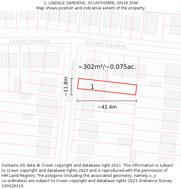 1, LINDALE GARDENS, SCUNTHORPE, DN16 2HW: Plot and title map