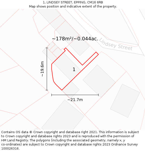 1, LINDSEY STREET, EPPING, CM16 6RB: Plot and title map