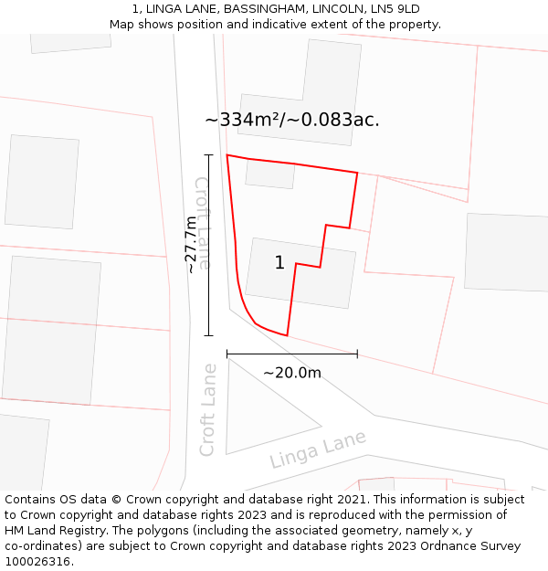 1, LINGA LANE, BASSINGHAM, LINCOLN, LN5 9LD: Plot and title map