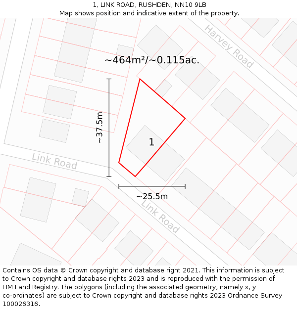 1, LINK ROAD, RUSHDEN, NN10 9LB: Plot and title map