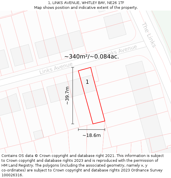 1, LINKS AVENUE, WHITLEY BAY, NE26 1TF: Plot and title map