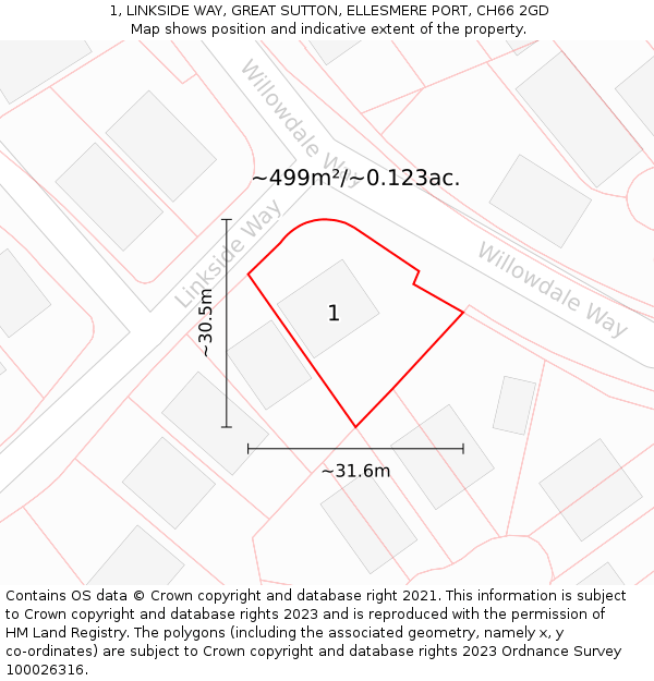 1, LINKSIDE WAY, GREAT SUTTON, ELLESMERE PORT, CH66 2GD: Plot and title map