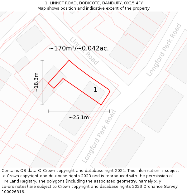 1, LINNET ROAD, BODICOTE, BANBURY, OX15 4FY: Plot and title map