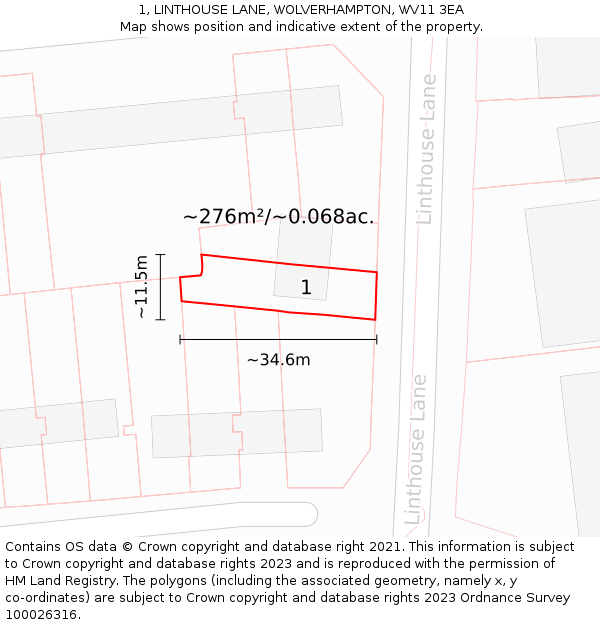 1, LINTHOUSE LANE, WOLVERHAMPTON, WV11 3EA: Plot and title map