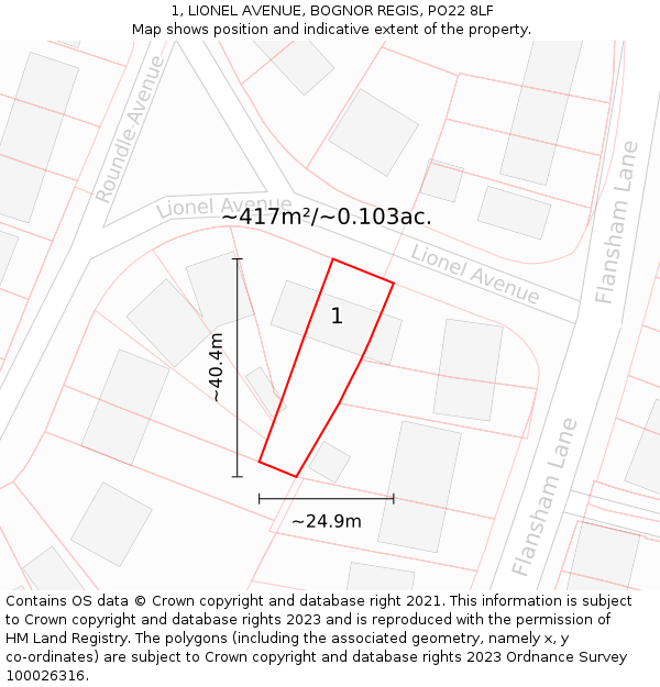 1, LIONEL AVENUE, BOGNOR REGIS, PO22 8LF: Plot and title map