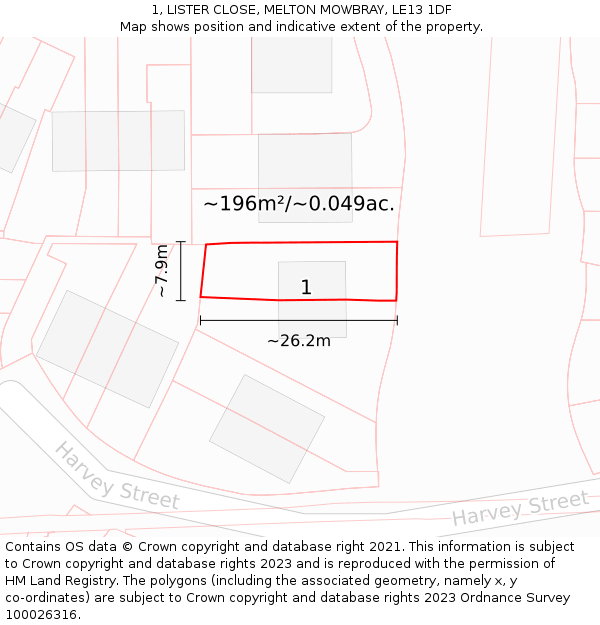 1, LISTER CLOSE, MELTON MOWBRAY, LE13 1DF: Plot and title map