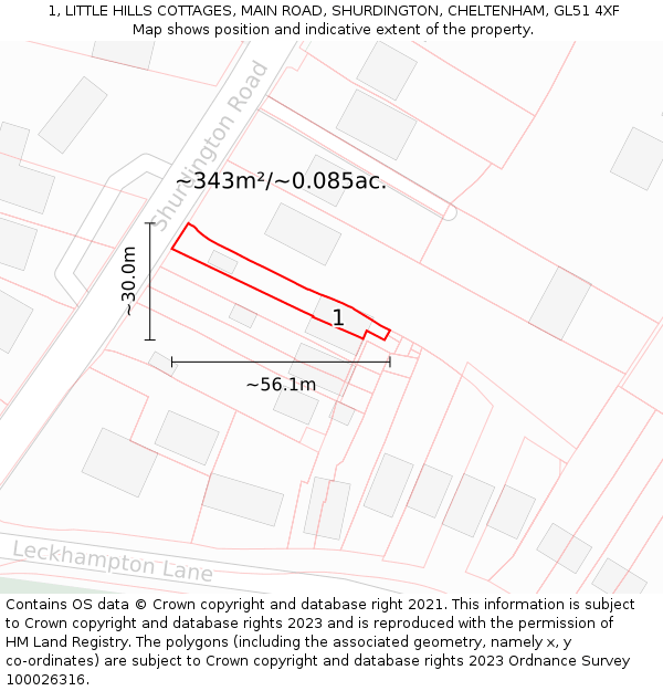 1, LITTLE HILLS COTTAGES, MAIN ROAD, SHURDINGTON, CHELTENHAM, GL51 4XF: Plot and title map