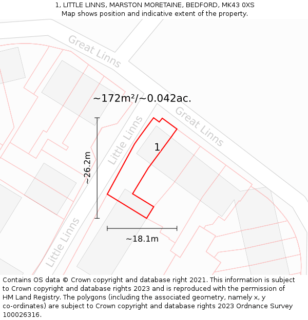 1, LITTLE LINNS, MARSTON MORETAINE, BEDFORD, MK43 0XS: Plot and title map