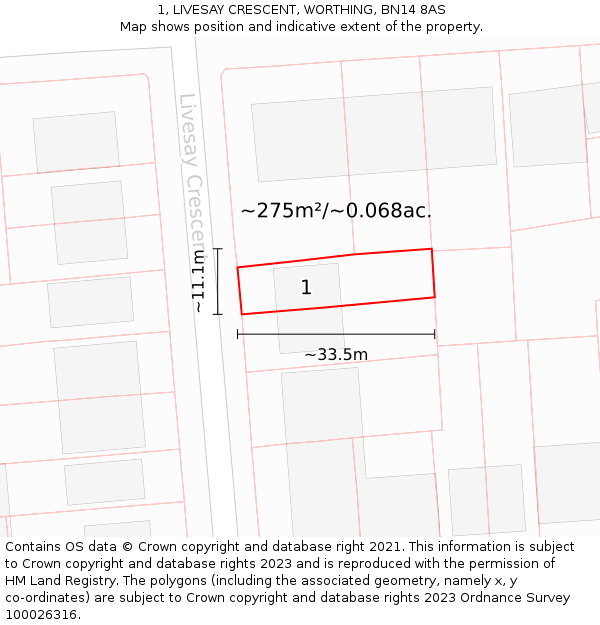 1, LIVESAY CRESCENT, WORTHING, BN14 8AS: Plot and title map