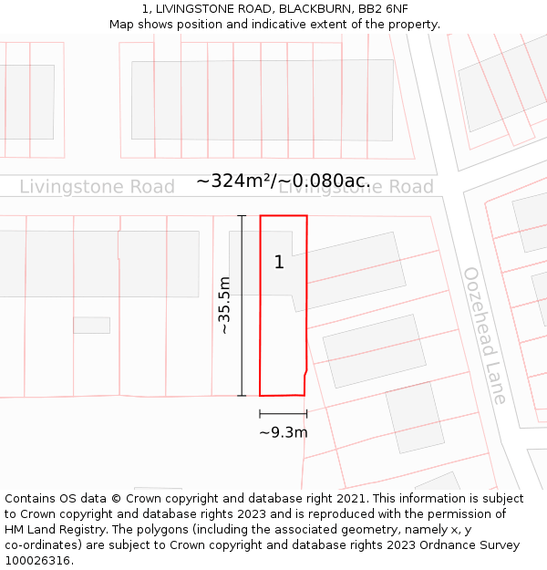 1, LIVINGSTONE ROAD, BLACKBURN, BB2 6NF: Plot and title map