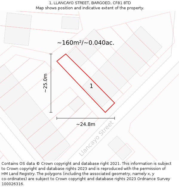 1, LLANCAYO STREET, BARGOED, CF81 8TD: Plot and title map