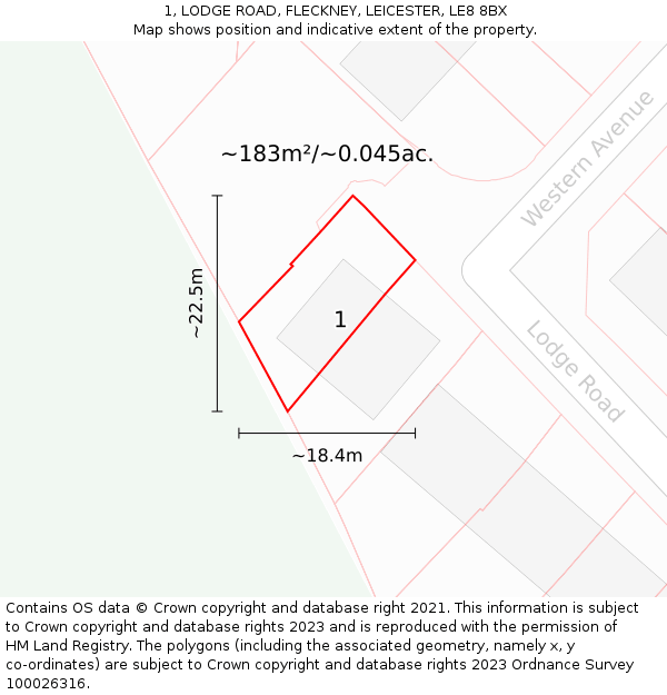 1, LODGE ROAD, FLECKNEY, LEICESTER, LE8 8BX: Plot and title map