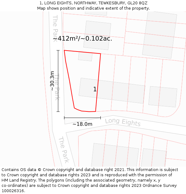 1, LONG EIGHTS, NORTHWAY, TEWKESBURY, GL20 8QZ: Plot and title map