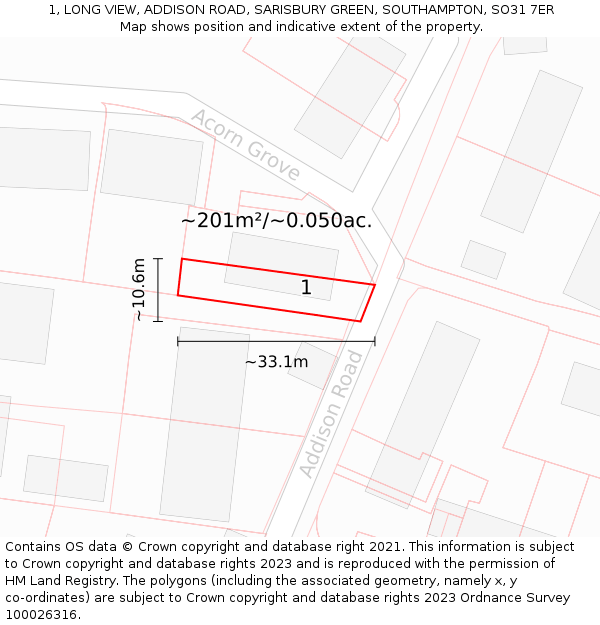 1, LONG VIEW, ADDISON ROAD, SARISBURY GREEN, SOUTHAMPTON, SO31 7ER: Plot and title map