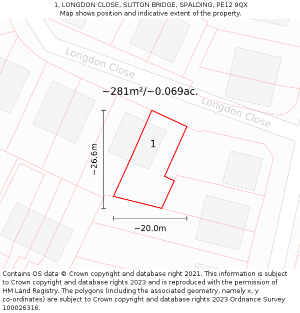 1, LONGDON CLOSE, SUTTON BRIDGE, SPALDING, PE12 9QX: Plot and title map
