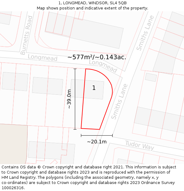 1, LONGMEAD, WINDSOR, SL4 5QB: Plot and title map