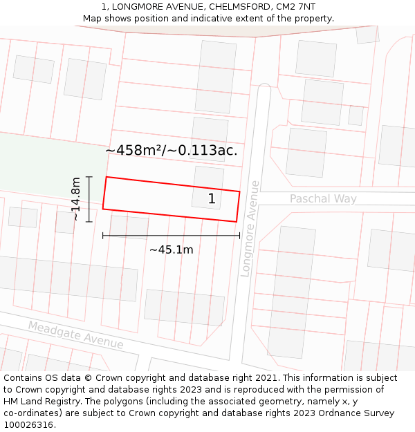 1, LONGMORE AVENUE, CHELMSFORD, CM2 7NT: Plot and title map