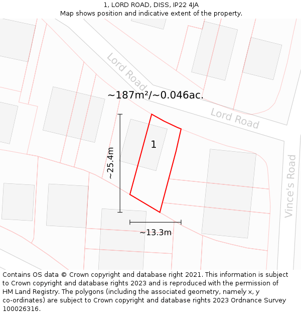 1, LORD ROAD, DISS, IP22 4JA: Plot and title map