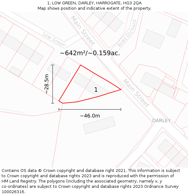 1, LOW GREEN, DARLEY, HARROGATE, HG3 2QA: Plot and title map