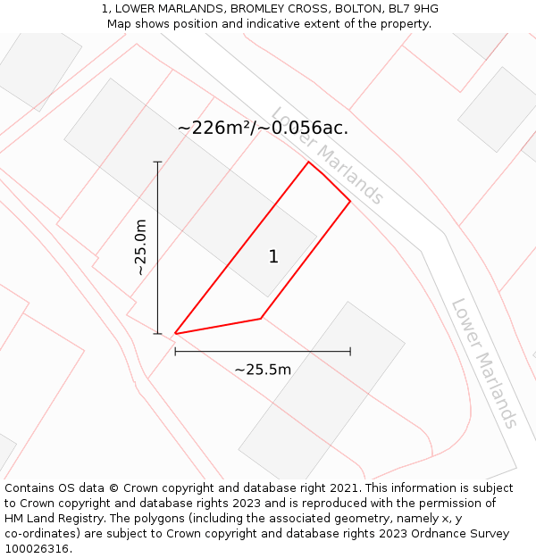 1, LOWER MARLANDS, BROMLEY CROSS, BOLTON, BL7 9HG: Plot and title map