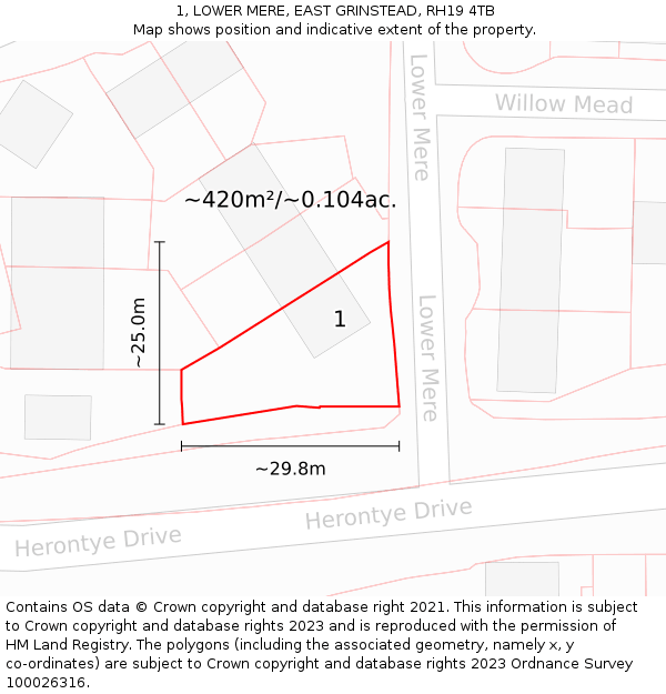 1, LOWER MERE, EAST GRINSTEAD, RH19 4TB: Plot and title map