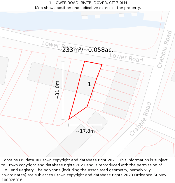 1, LOWER ROAD, RIVER, DOVER, CT17 0LN: Plot and title map
