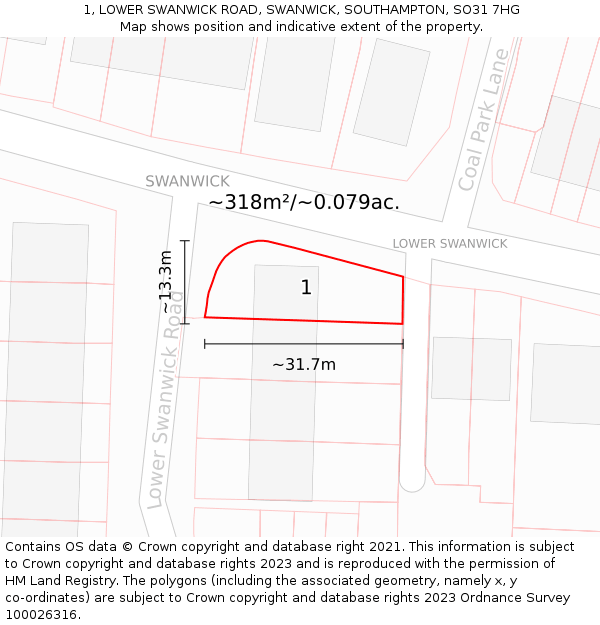 1, LOWER SWANWICK ROAD, SWANWICK, SOUTHAMPTON, SO31 7HG: Plot and title map