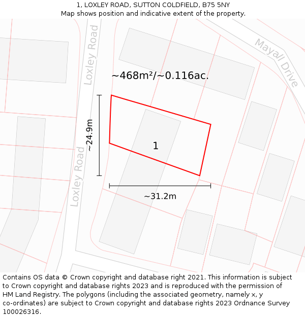 1, LOXLEY ROAD, SUTTON COLDFIELD, B75 5NY: Plot and title map
