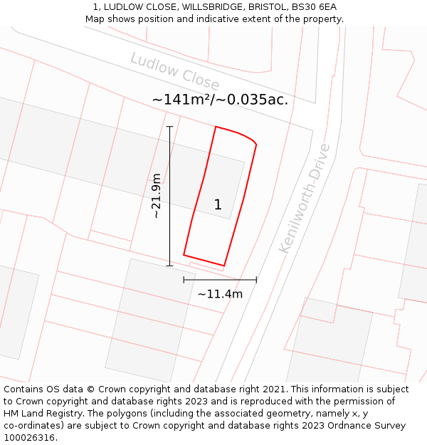 1, LUDLOW CLOSE, WILLSBRIDGE, BRISTOL, BS30 6EA: Plot and title map