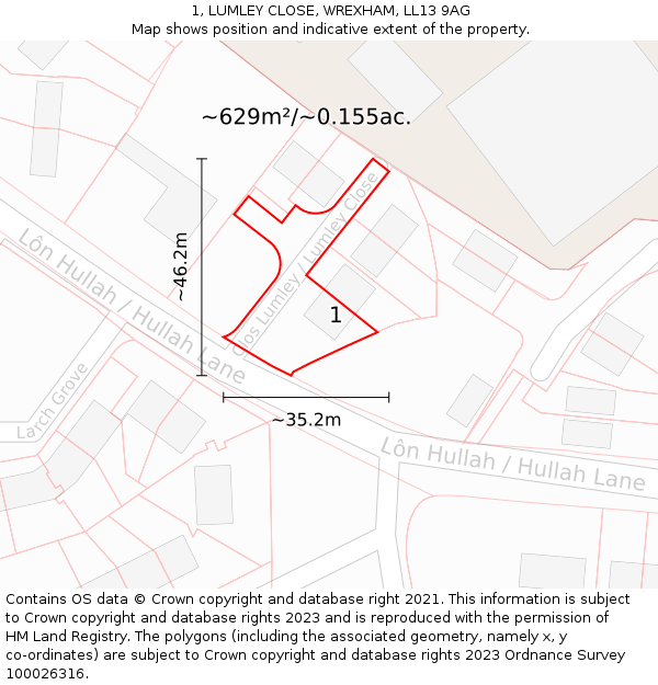 1, LUMLEY CLOSE, WREXHAM, LL13 9AG: Plot and title map