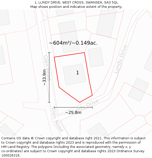 1, LUNDY DRIVE, WEST CROSS, SWANSEA, SA3 5QL: Plot and title map