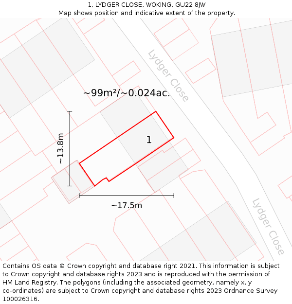1, LYDGER CLOSE, WOKING, GU22 8JW: Plot and title map