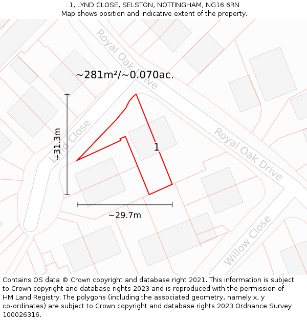 1, LYND CLOSE, SELSTON, NOTTINGHAM, NG16 6RN: Plot and title map