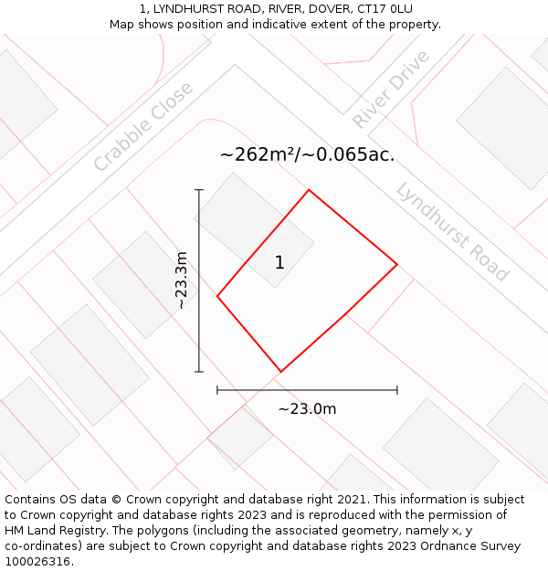 1, LYNDHURST ROAD, RIVER, DOVER, CT17 0LU: Plot and title map
