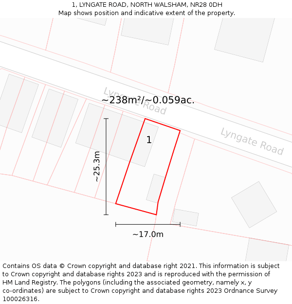 1, LYNGATE ROAD, NORTH WALSHAM, NR28 0DH: Plot and title map