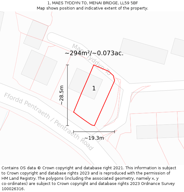 1, MAES TYDDYN TO, MENAI BRIDGE, LL59 5BF: Plot and title map