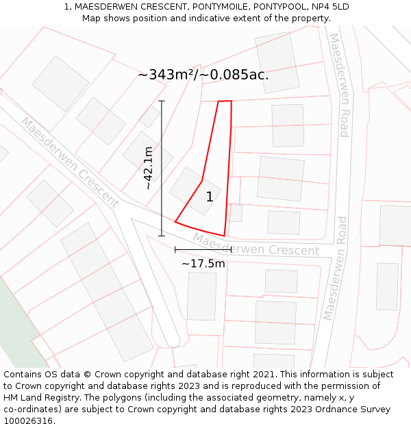 1, MAESDERWEN CRESCENT, PONTYMOILE, PONTYPOOL, NP4 5LD: Plot and title map