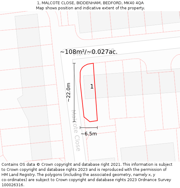 1, MALCOTE CLOSE, BIDDENHAM, BEDFORD, MK40 4QA: Plot and title map