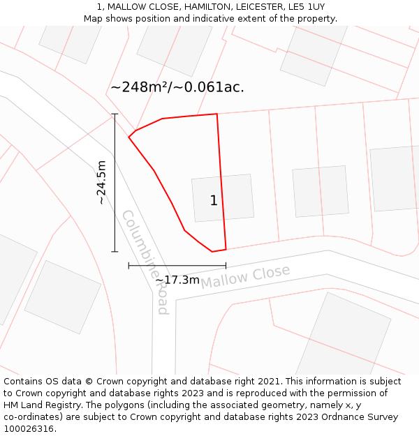 1, MALLOW CLOSE, HAMILTON, LEICESTER, LE5 1UY: Plot and title map