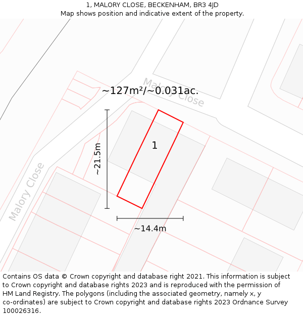 1, MALORY CLOSE, BECKENHAM, BR3 4JD: Plot and title map