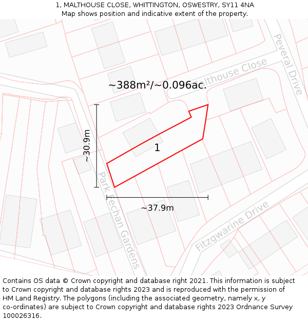 1, MALTHOUSE CLOSE, WHITTINGTON, OSWESTRY, SY11 4NA: Plot and title map