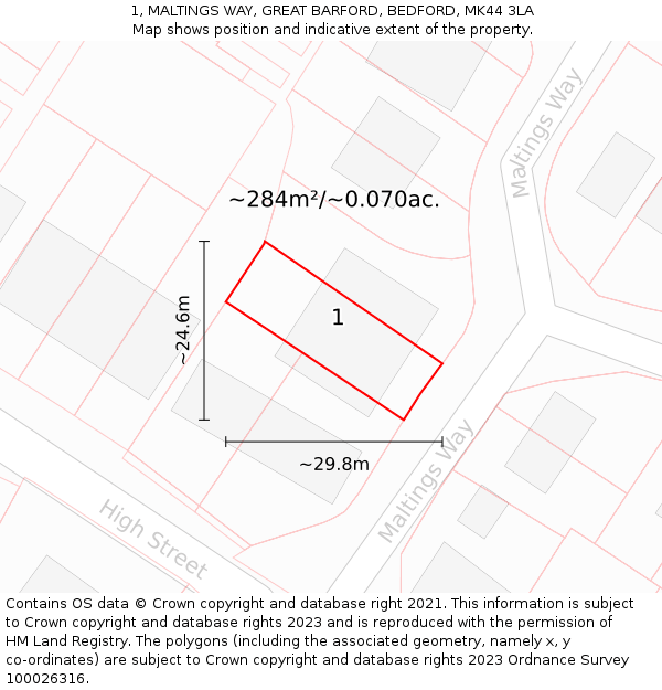 1, MALTINGS WAY, GREAT BARFORD, BEDFORD, MK44 3LA: Plot and title map