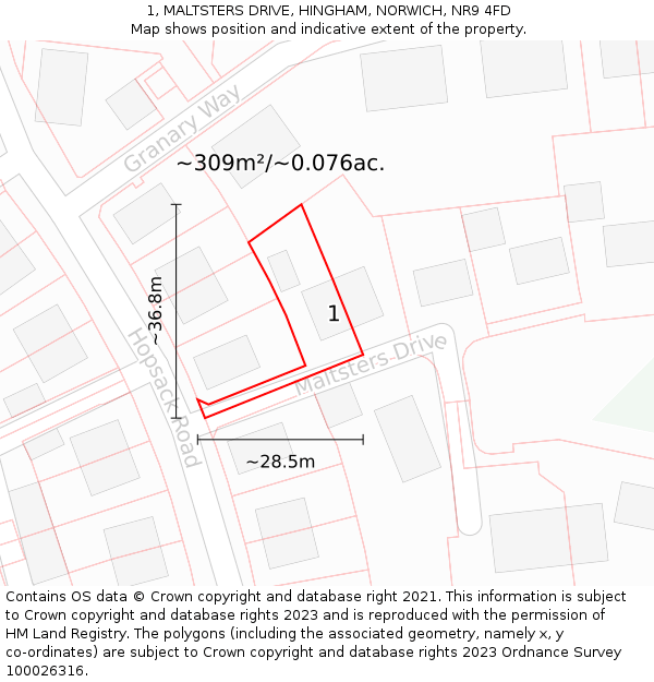 1, MALTSTERS DRIVE, HINGHAM, NORWICH, NR9 4FD: Plot and title map