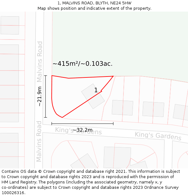 1, MALVINS ROAD, BLYTH, NE24 5HW: Plot and title map