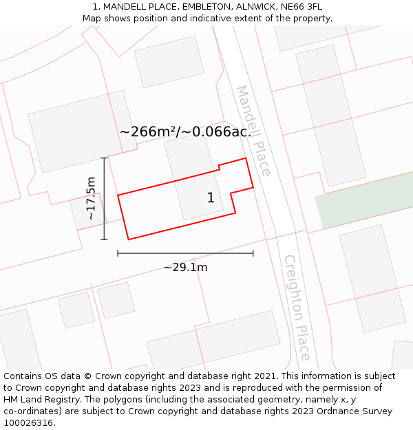 1, MANDELL PLACE, EMBLETON, ALNWICK, NE66 3FL: Plot and title map