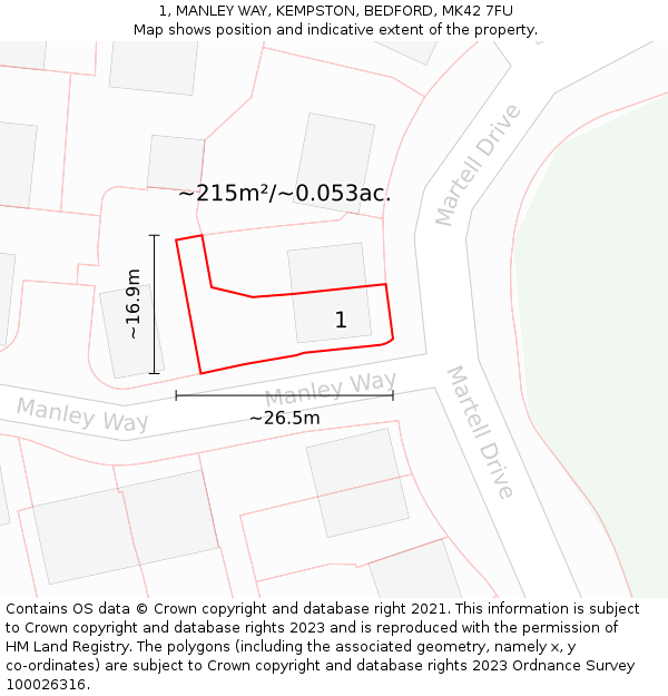 1, MANLEY WAY, KEMPSTON, BEDFORD, MK42 7FU: Plot and title map