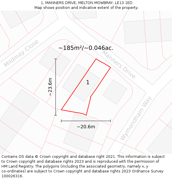 1, MANNERS DRIVE, MELTON MOWBRAY, LE13 1ED: Plot and title map