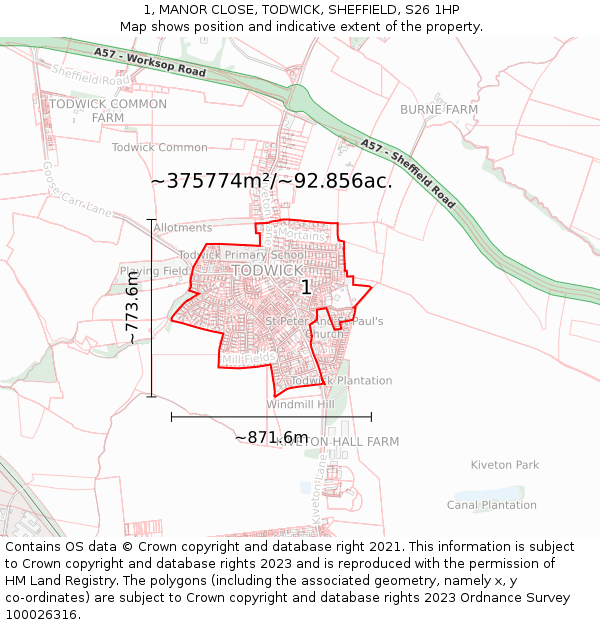 1, MANOR CLOSE, TODWICK, SHEFFIELD, S26 1HP: Plot and title map